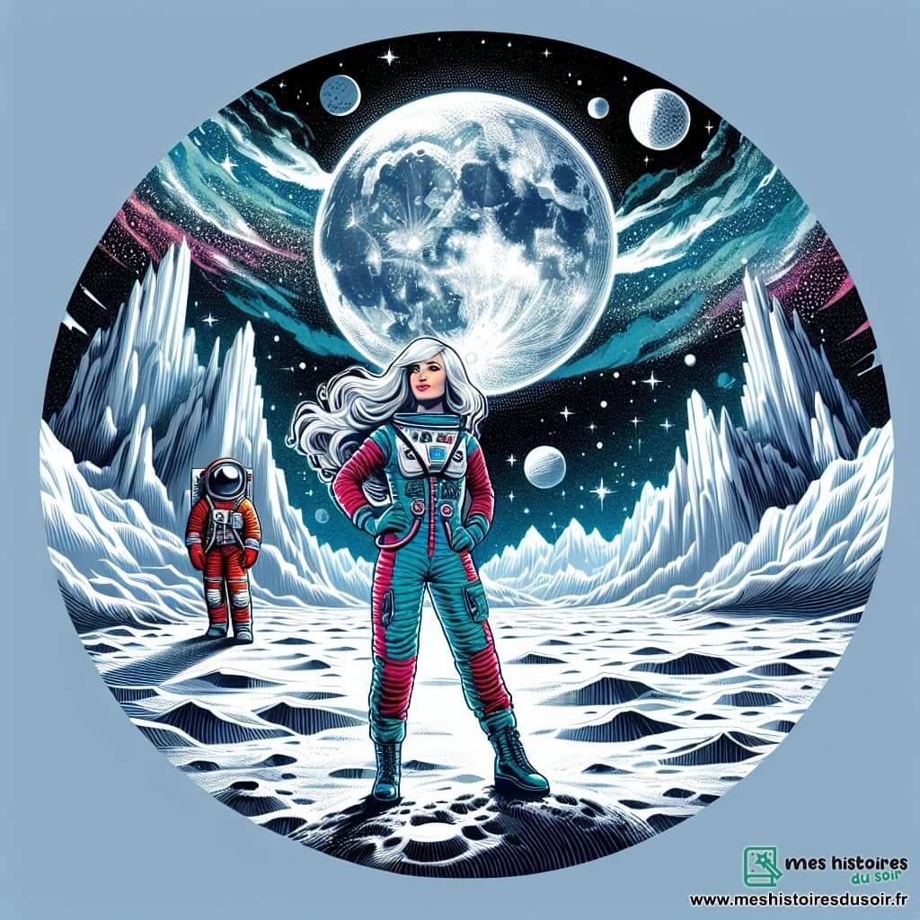 Une illustration destinée aux enfants représentant une jeune femme intrépide, vêtue d'une combinaison spatiale colorée, se tenant debout sur la surface de la Lune, entourée de cratères argentés et de montagnes lunaires majestueuses, avec un astronaute en arrière-plan, admirant le spectacle céleste éblouissant.