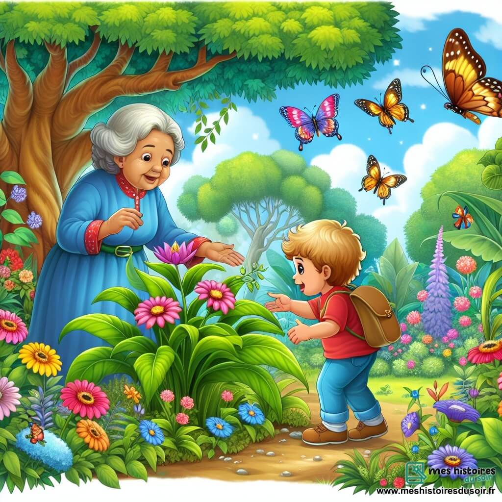 Une illustration destinée aux enfants représentant un petit garçon curieux découvrant une plante magique dans le jardin luxuriant de sa grand-mère, avec en compagnie une grand-mère bienveillante, entourés de fleurs colorées, d'arbres majestueux et de papillons multicolores virevoltant joyeusement.