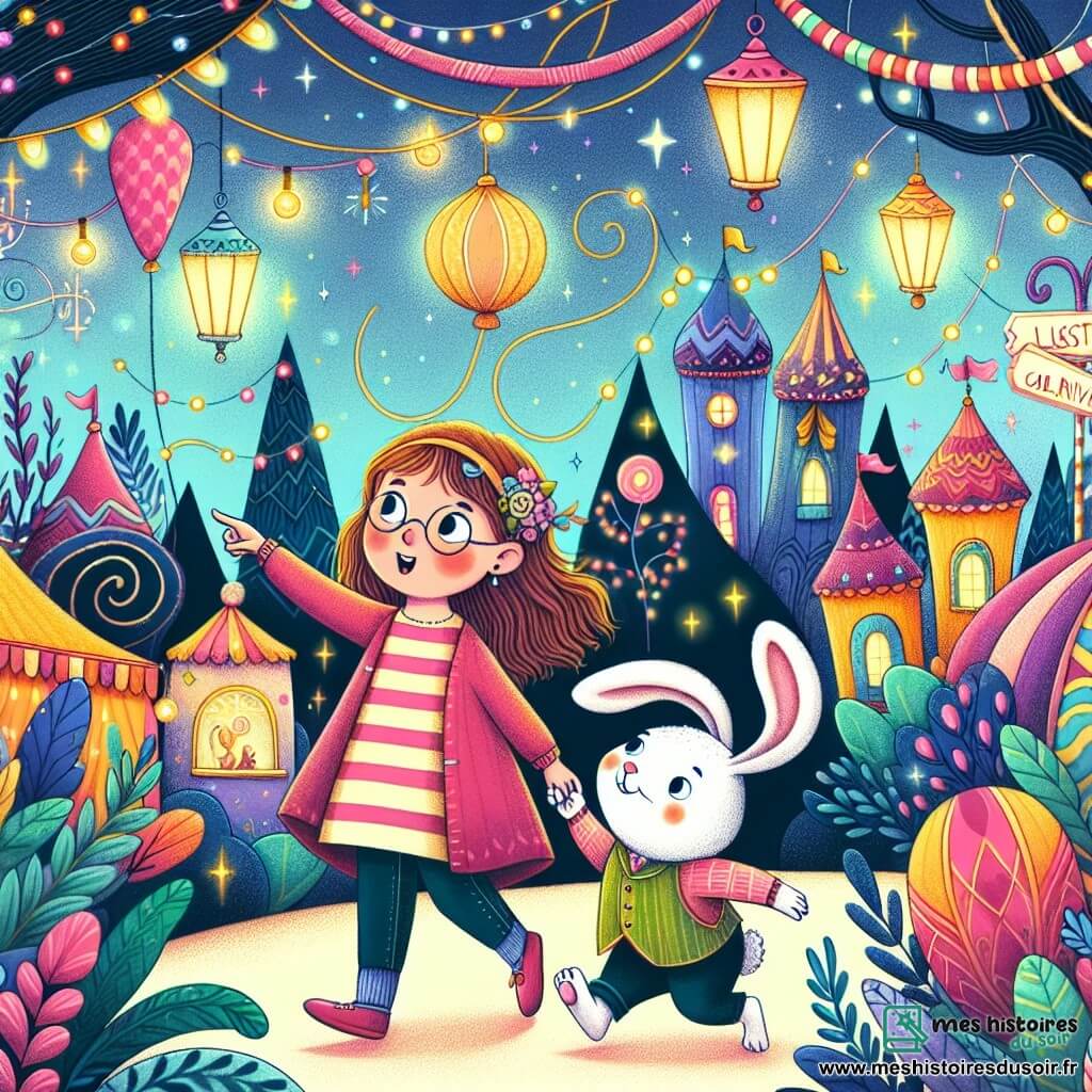 Une illustration destinée aux enfants représentant une fillette curieuse se perdant dans un village coloré lors du carnaval, accompagnée d'un lapin malin, dans un lieu enchanté rempli de guirlandes scintillantes et de ballons virevoltants.