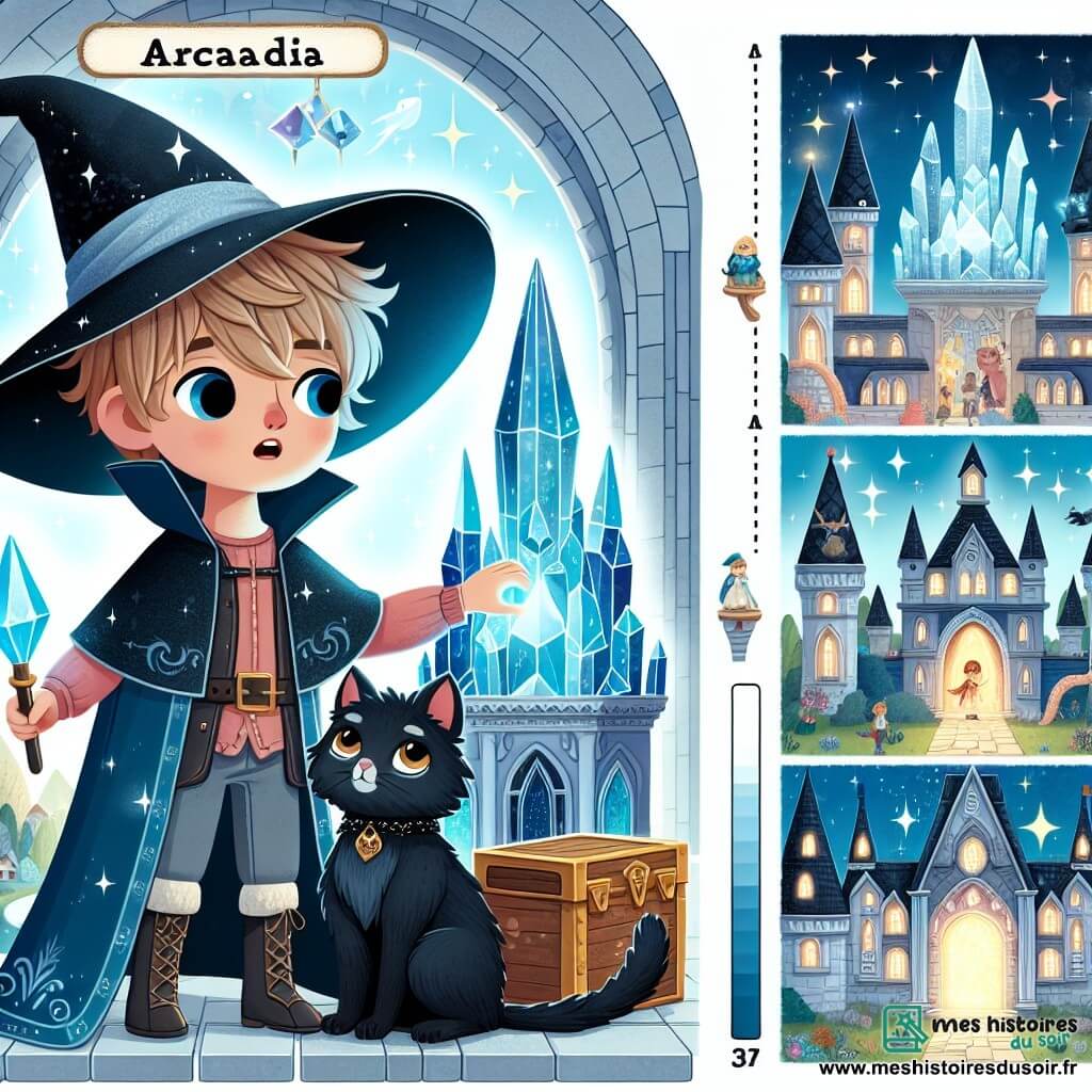 Une illustration destinée aux enfants représentant un jeune sorcier apprenti aux pouvoirs magiques incontrôlés, accompagné de son chat noir fidèle, se trouvant dans une tour de cristal scintillante au cœur d'un village enchanté appelé Arcadia.