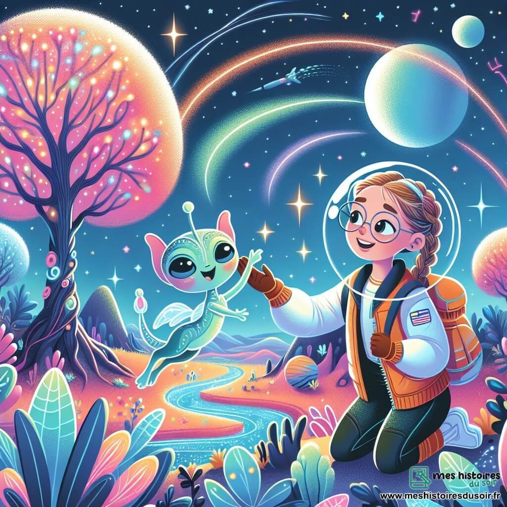 Une illustration destinée aux enfants représentant une jeune femme passionnée par l'espace, embarquée dans une mission spatiale périlleuse aux côtés d'un extraterrestre adorable, sur une planète lointaine aux arbres lumineux et aux rivières scintillantes.