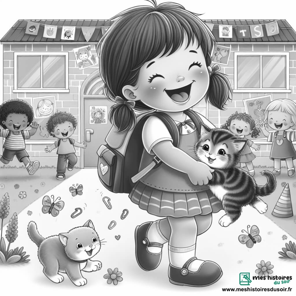 Une illustration destinée aux enfants représentant une petite fille pétillante vivant sa première rentrée des classes, entourée de son chaton joueur, dans une école colorée avec des dessins joyeux accrochés aux murs et des enfants riant et courant dans la cour.