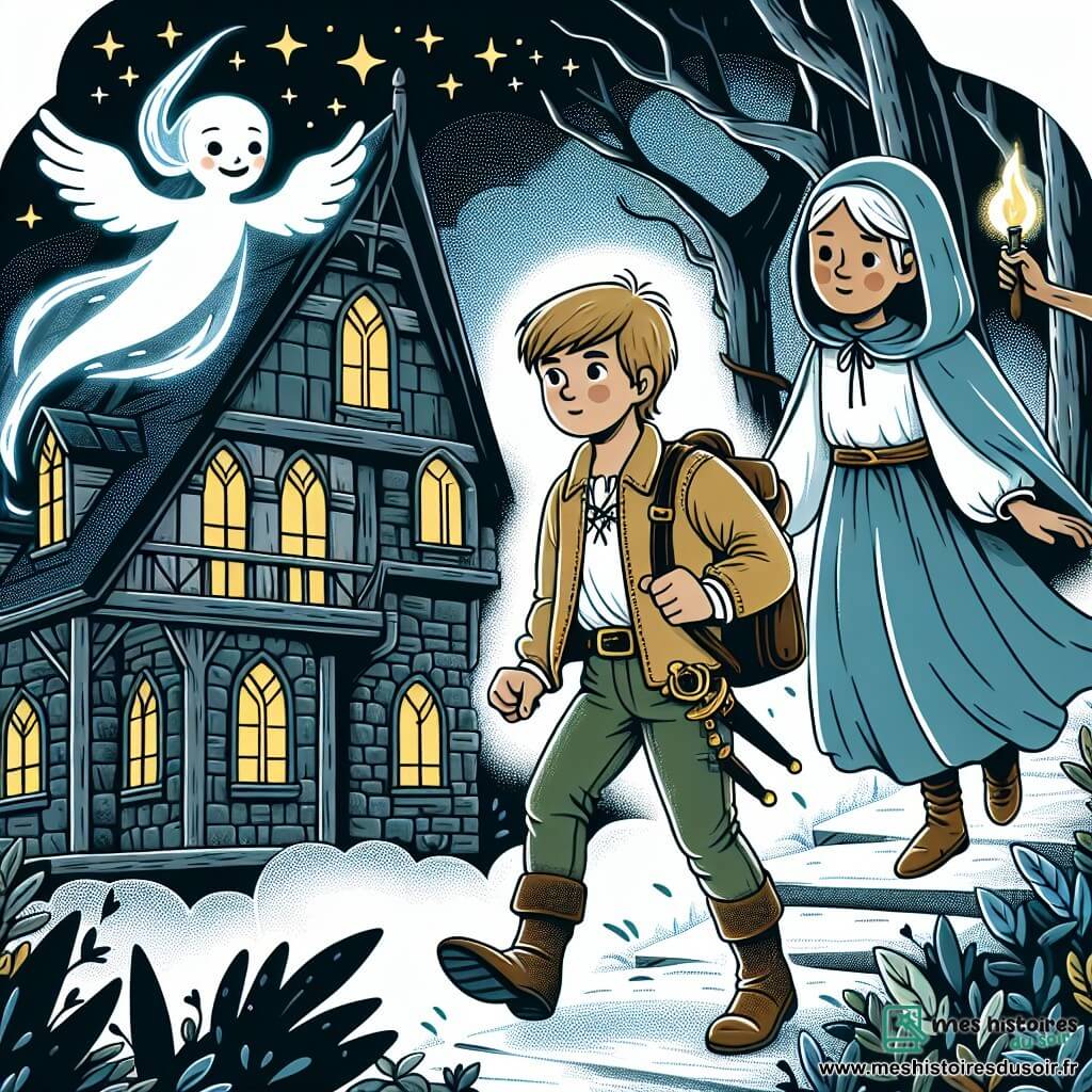 Une illustration destinée aux enfants représentant un jeune garçon courageux explorant une Maison hantée, accompagné d'un Esprit lumineux, dans une forêt sombre et mystérieuse.