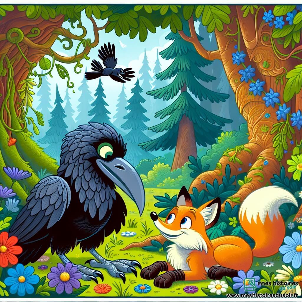 Une illustration destinée aux enfants représentant un corbeau malicieux se liant d'amitié avec un renard farceur, dans une forêt enchantée aux arbres majestueux et aux fleurs chatoyantes.