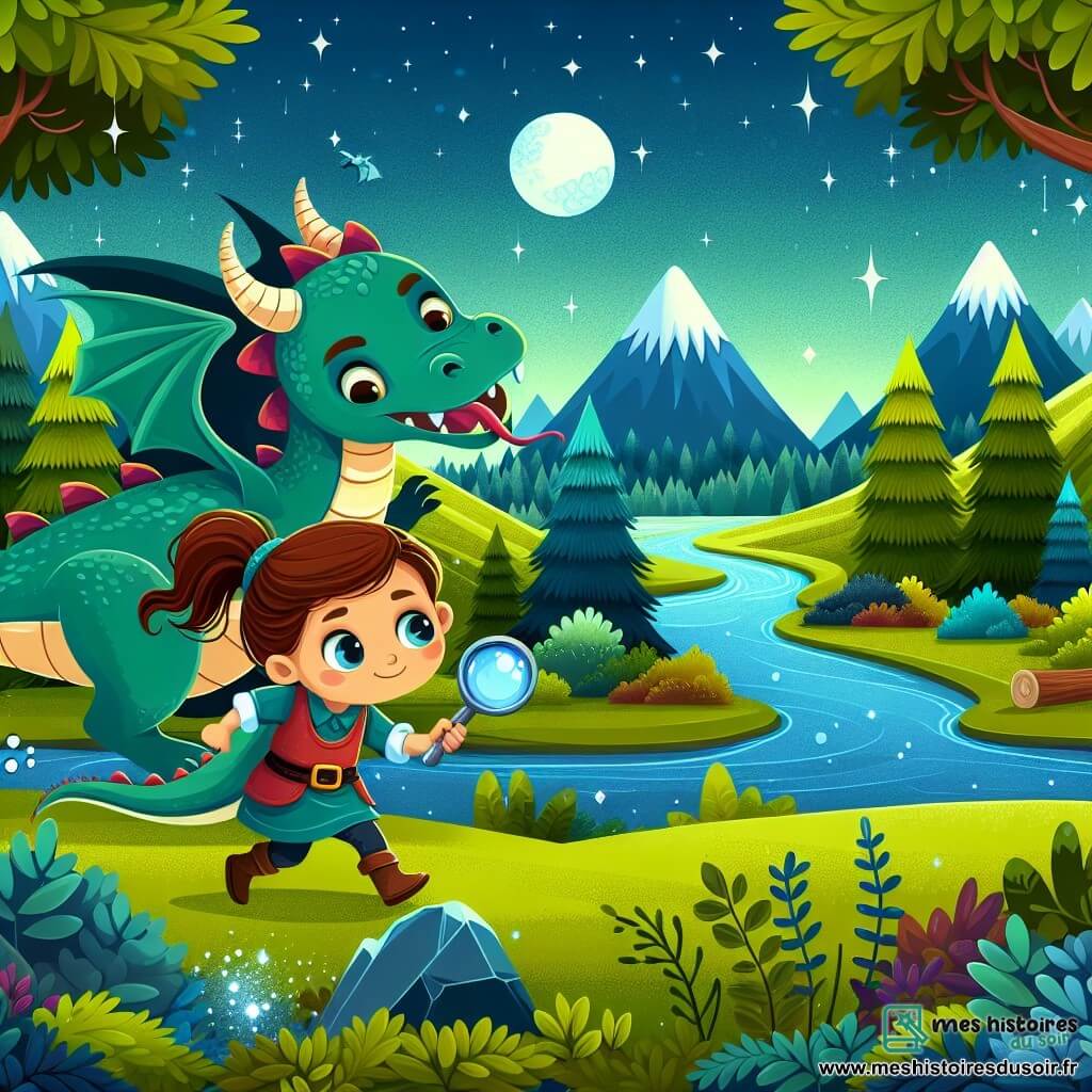 Une illustration destinée aux enfants représentant une petite fille espiègle accompagnée d'un dragon facétieux cherchant un trésor magique dans une forêt enchantée entourée de collines verdoyantes et de rivières scintillantes.
