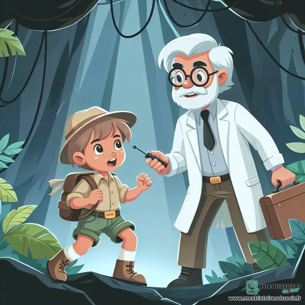 Une illustration destinée aux enfants représentant un jeune explorateur intrépide, accompagné d'un scientifique énigmatique, se lançant dans une quête de trésor au cœur d'une forêt dense et mystérieuse.