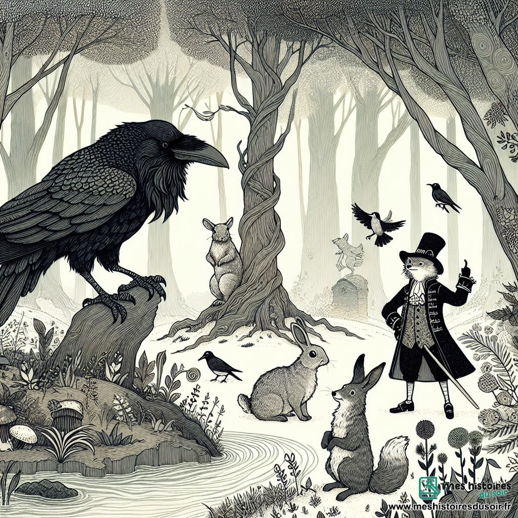 Une illustration destinée aux enfants représentant un corbeau farceur jouant des tours à ses amis animaux dans une forêt enchantée où les arbres chuchotent et les ruisseaux fredonnent, accompagné d'une lapine timide et d'un renard malicieux.