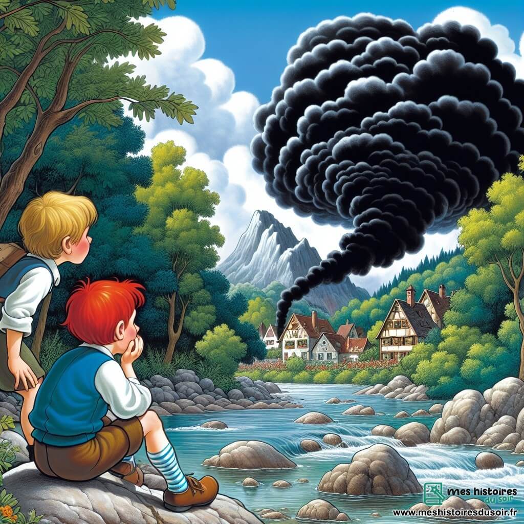Une illustration destinée aux enfants représentant un garçon curieux observant un énorme nuage noir approcher, accompagné de son ami aux cheveux roux, près de la rivière cristalline entourée de rochers et d'arbres verdoyants du village de Clairval.