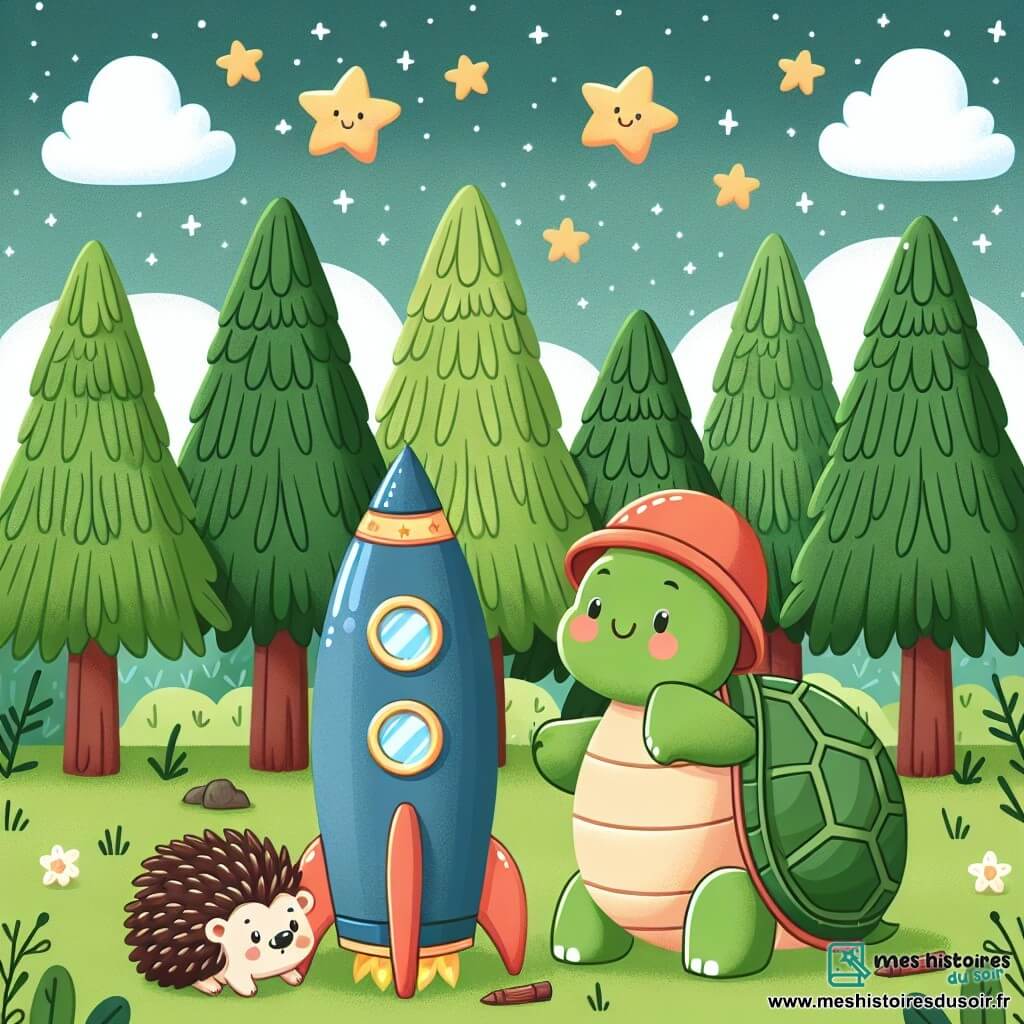 Une illustration destinée aux enfants représentant une tortue rêveuse construisant une fusée avec l'aide d'un hérisson bricoleur, dans une clairière verdoyante entourée de grands arbres majestueux et d'étoiles scintillantes.