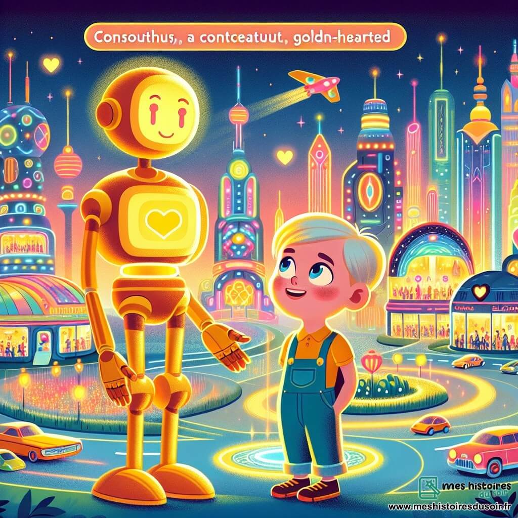 Une illustration destinée aux enfants représentant un petit garçon émerveillé par une ville futuriste, accompagné d'un robot au cœur d'or, évoluant dans une cité étincelante d'Électroluxia, remplie de lumières colorées et de voitures volantes.