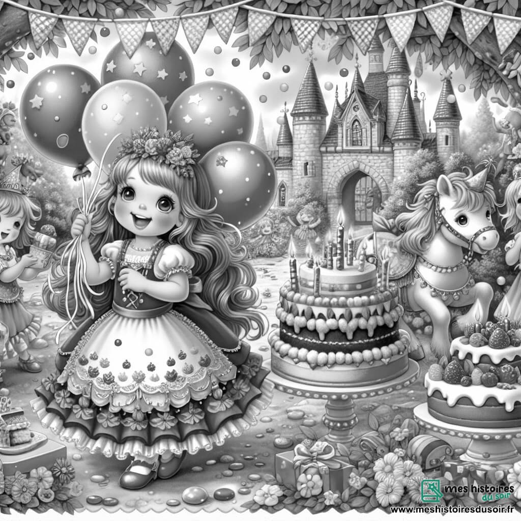 Une illustration destinée aux enfants représentant une petite fille pleine d'énergie célébrant son anniversaire avec ses amis dans un jardin enchanté rempli de ballons colorés, de gâteaux savoureux et de rires joyeux.
