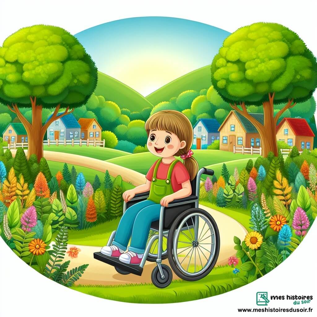 Une illustration destinée aux enfants représentant une petite fille curieuse et joyeuse, une nouvelle arrivante en fauteuil roulant, explorant une forêt luxuriante et colorée dans un village paisible bordé de champs verdoyants.