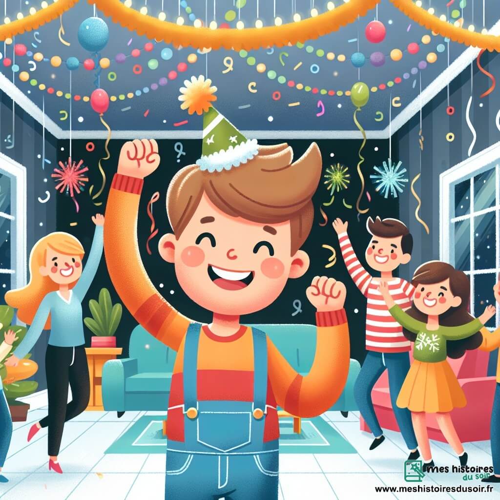 Une illustration destinée aux enfants représentant un garçon plein d'énergie et d'imagination, vivant un réveillon du Nouvel An joyeux et festif en compagnie de sa famille et de ses amis, dans un salon étincelant de décorations colorées et scintillantes.