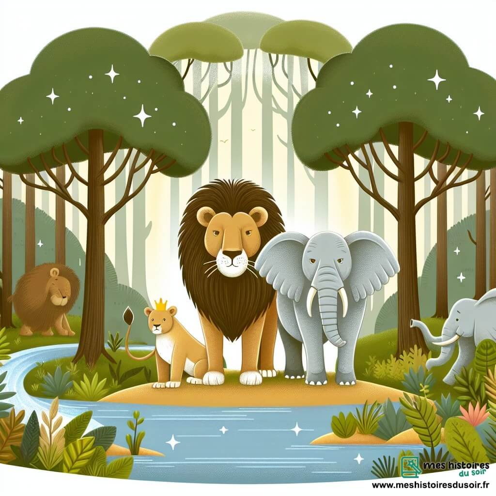 Une illustration destinée aux enfants représentant un lion majestueux, roi de la jungle, accompagné d'une éléphante courageuse, vivant dans une vaste forêt luxuriante aux arbres touffus et aux rivières scintillantes.