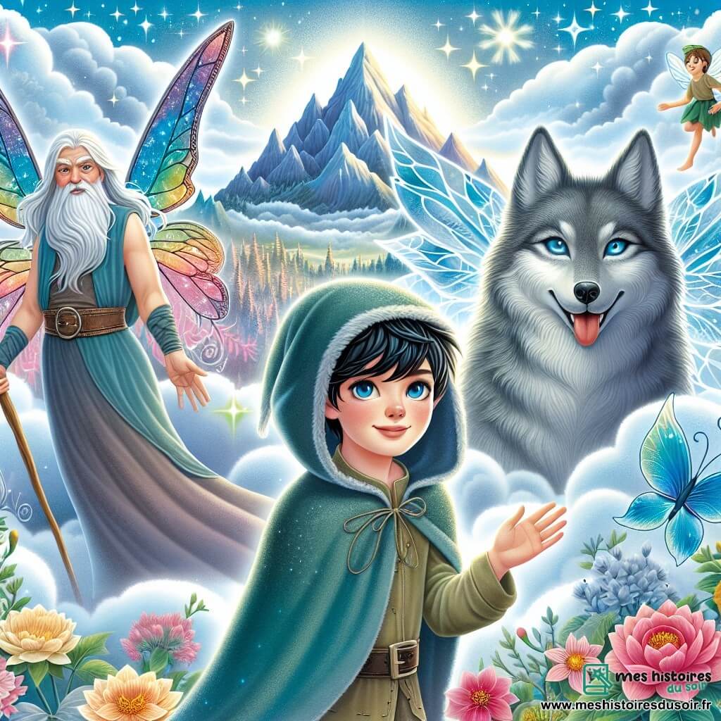 Une illustration destinée aux enfants représentant un jeune sorcier aux cheveux sombres et aux yeux étincelants, accompagné d'une fée aux ailes irisées et d'un loup astral à la fourrure argentée, se tenant au sommet du Mont des Anciens, une montagne majestueuse entourée de nuages lumineux et de fleurs enchantées.