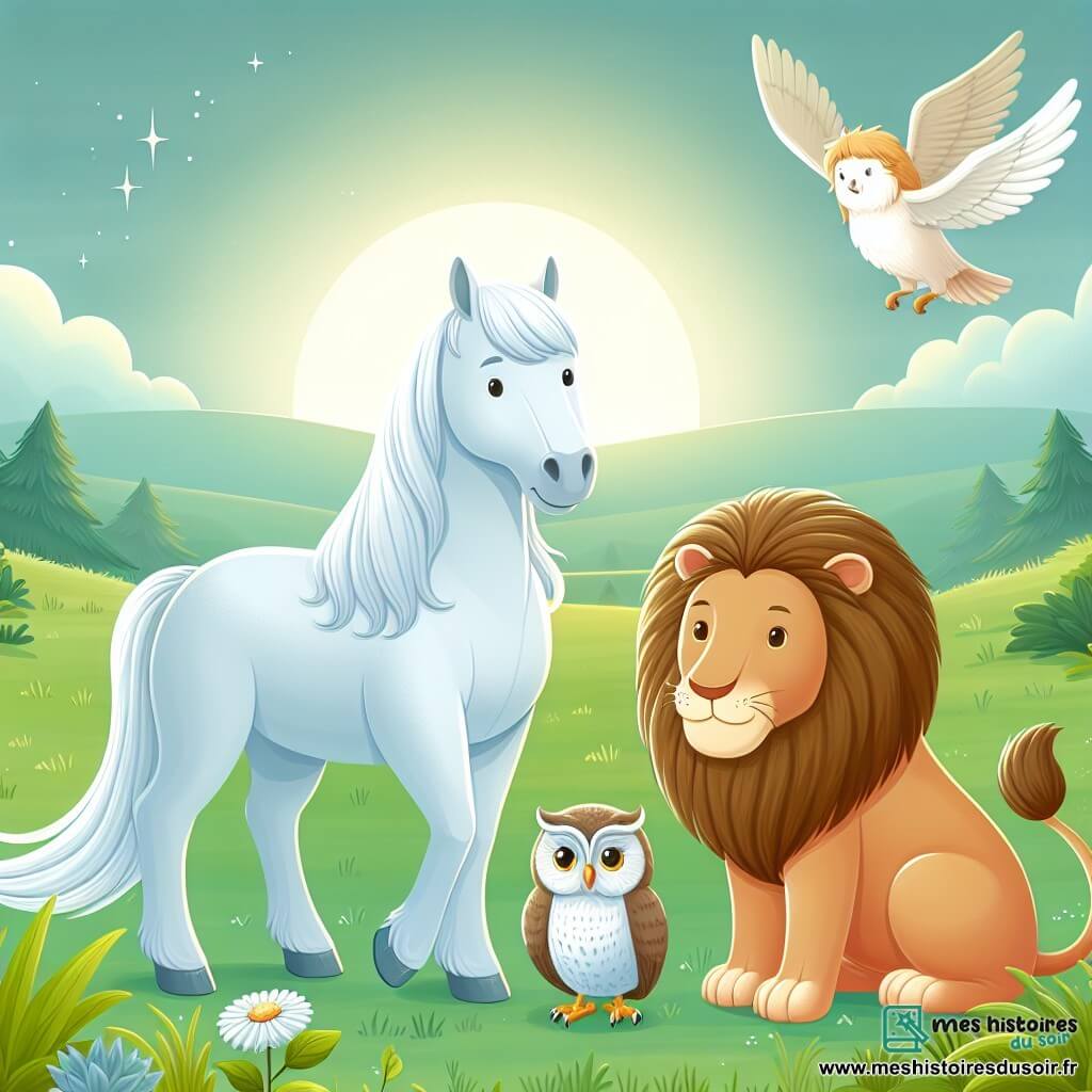 Une illustration destinée aux enfants représentant un majestueux cheval blanc, une chouette sage et un lion roi, évoluant dans une vaste prairie verdoyante baignée de douces lumières du soleil.