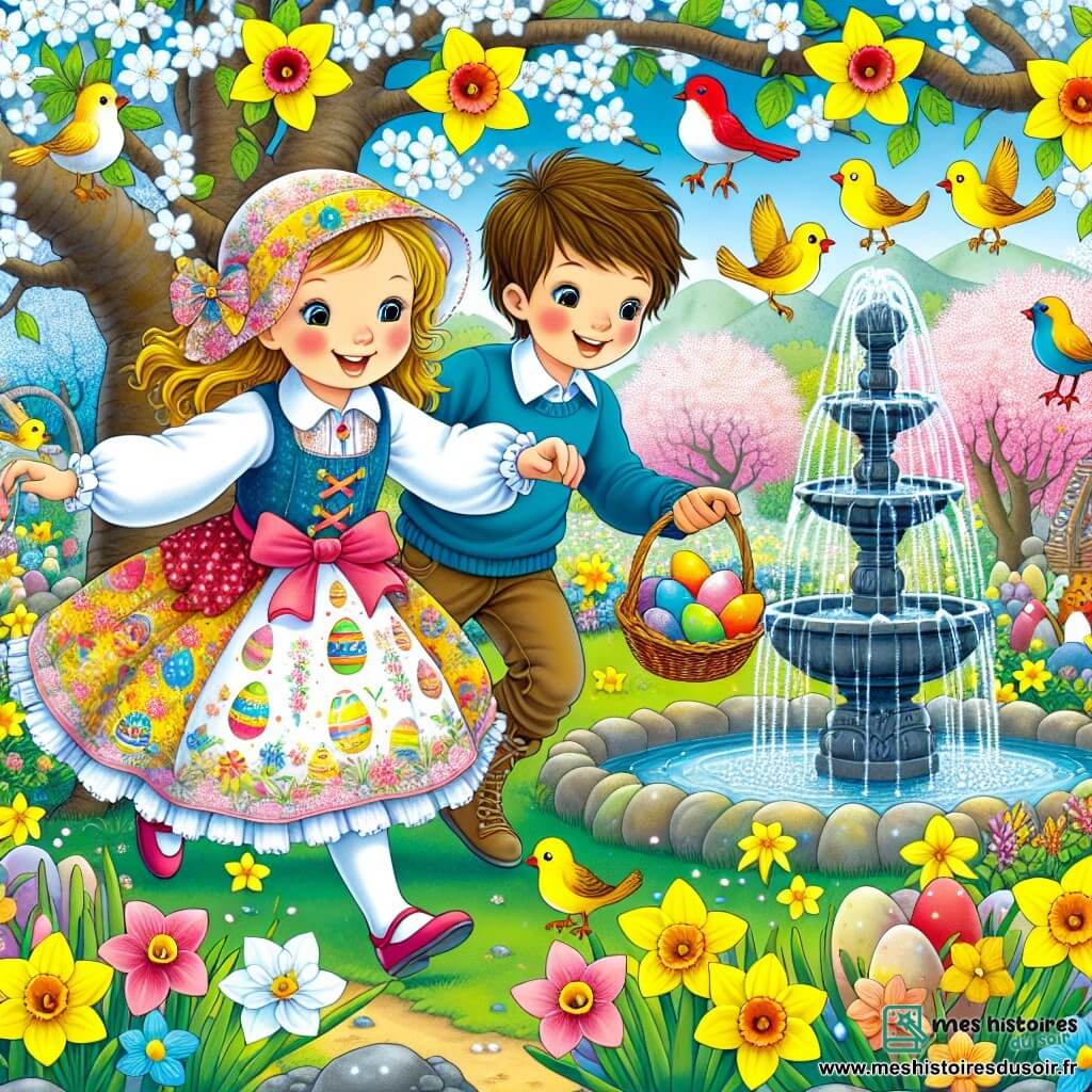 Une illustration destinée aux enfants représentant une fille, plongée dans une chasse aux œufs de Pâques pleine de mystères, accompagnée de son ami, un garçon joyeux et espiègle, évoluant dans un jardin en fleurs aux narcisses jaunes, aux cerisiers en fleurs et à la fontaine enchantée entourée d'oiseaux colorés.