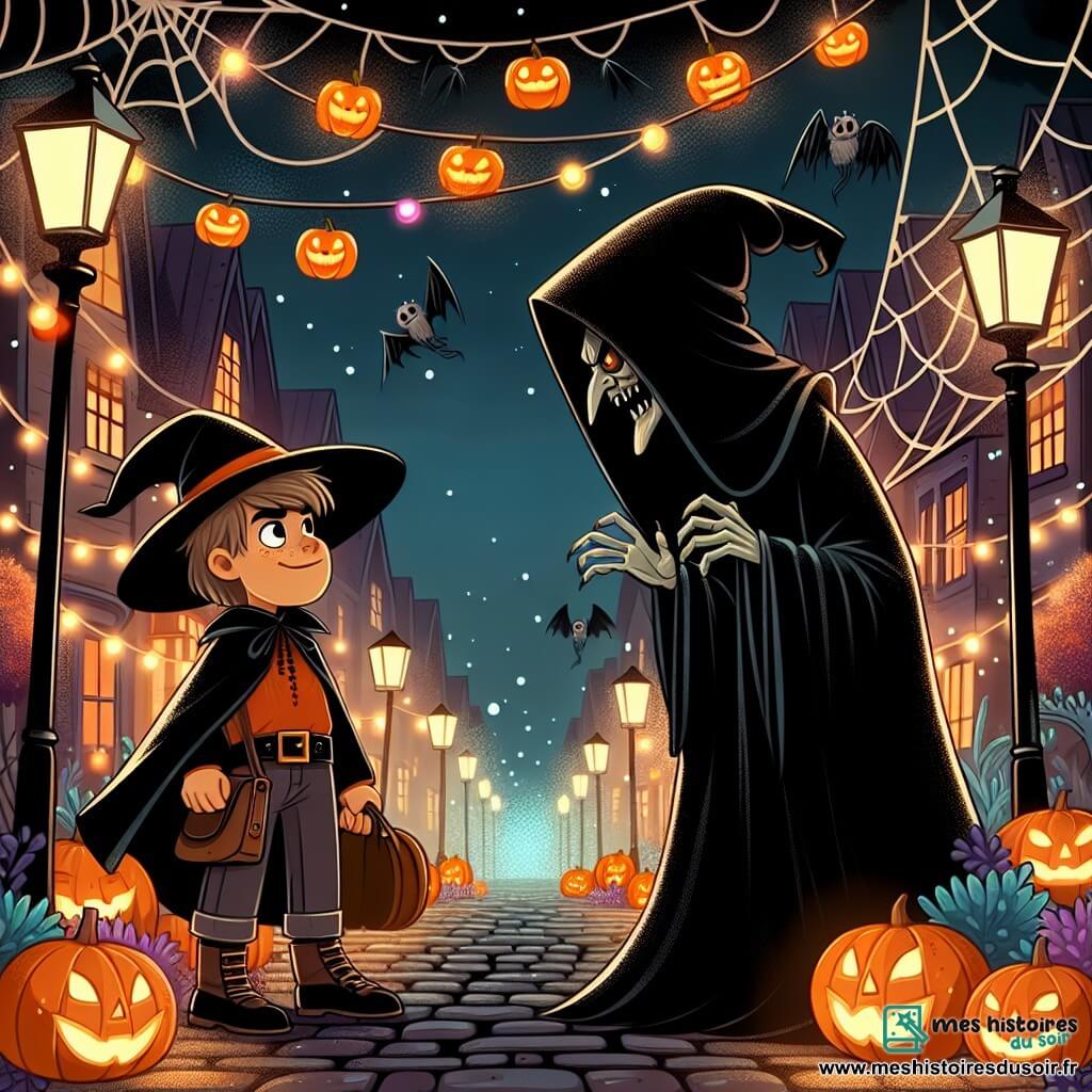Une illustration destinée aux enfants représentant un garçon déguisé en mage mystérieux, affrontant une sorcière maléfique, dans une rue décorée de citrouilles illuminées et de toiles d'araignée en plastique.
