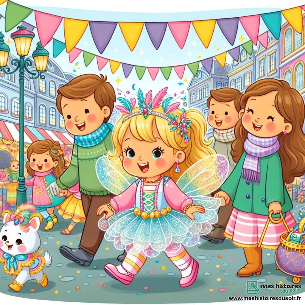 Une illustration destinée aux enfants représentant une petite fille vêtue d'un costume de fée étincelant, embarquée dans une chasse aux trésors carnavalesque avec sa famille, dans les rues colorées et animées de la ville de Villejoyeuse décorées de guirlandes et de fanions.