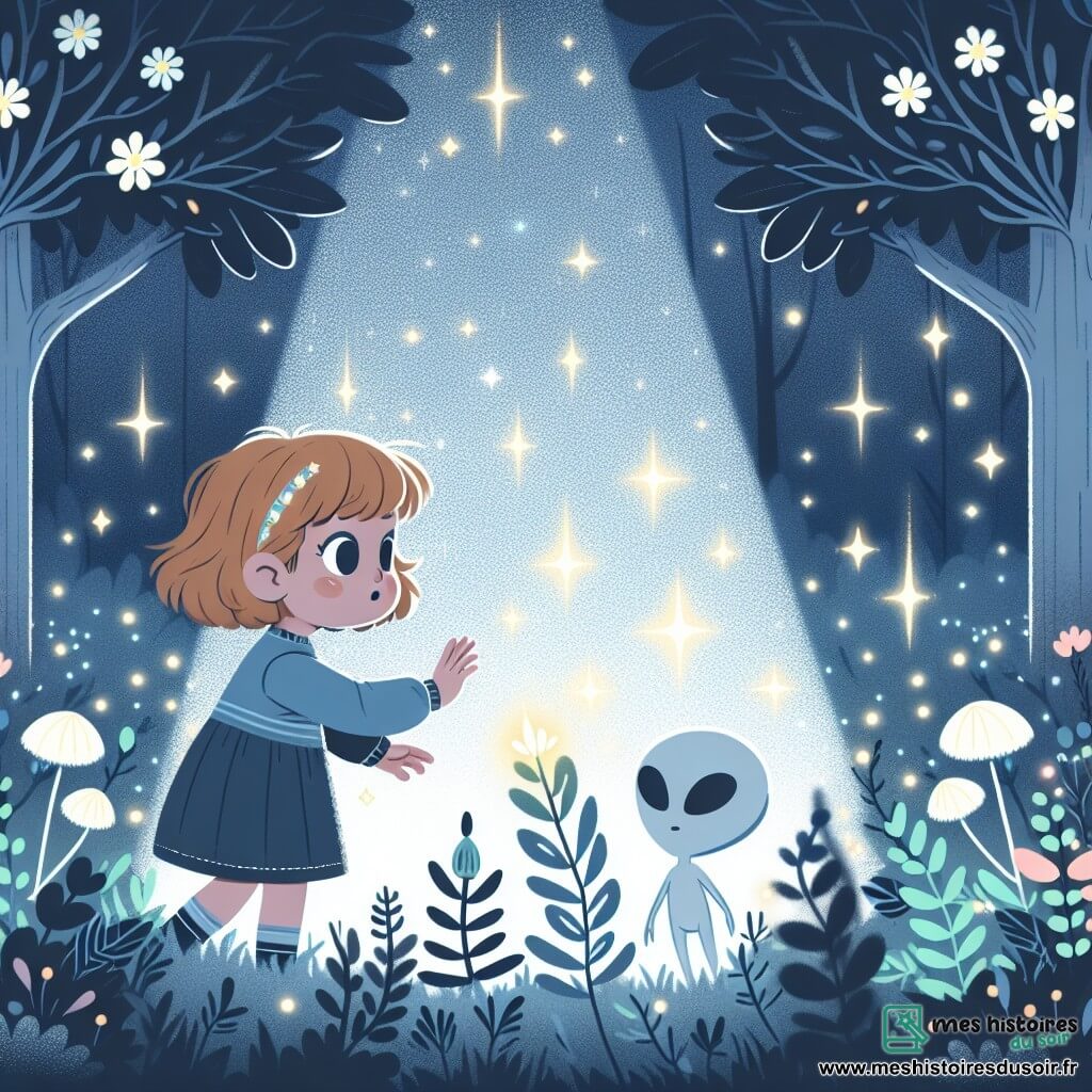 Une illustration destinée aux enfants représentant une fillette curieuse découvrant un petit extraterrestre lumineux dans une forêt magique bordée de fleurs scintillantes.