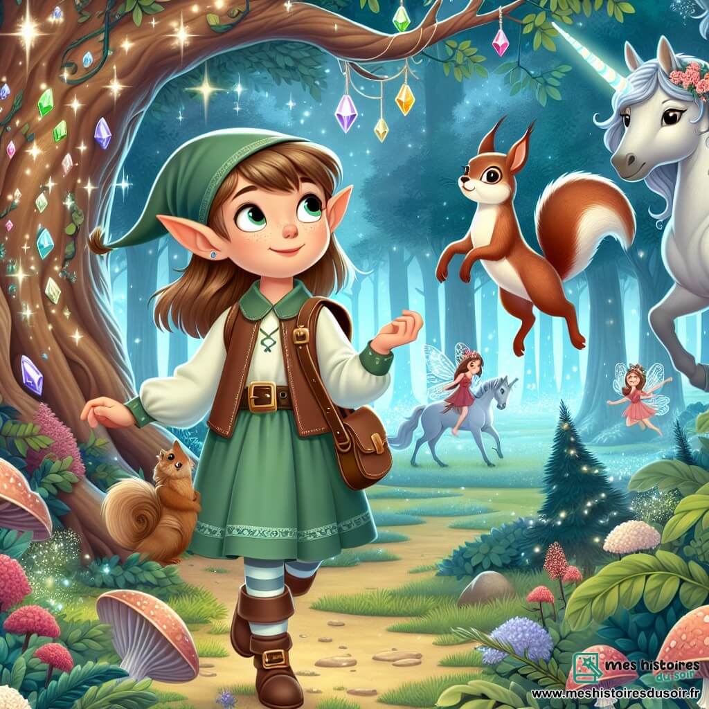 Une illustration destinée aux enfants représentant une jeune elfe curieuse se lançant dans une quête pour retrouver des gemmes magiques, accompagnée de son fidèle écureuil malicieux, dans la luxuriante Forêt Enchantée habitée par des fées étincelantes et des licornes majestueuses.