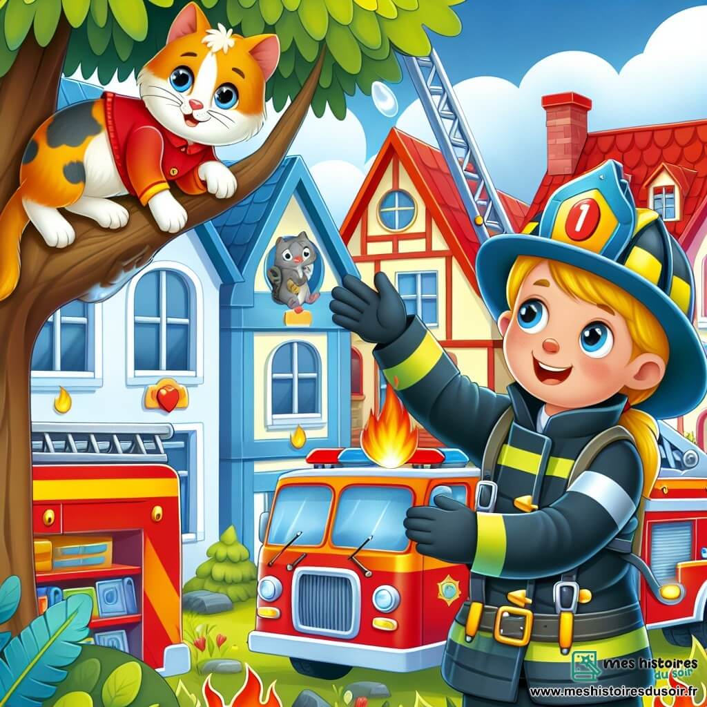 Une illustration destinée aux enfants représentant une courageuse femme pompier en train de sauver un chat coincé dans un arbre, accompagnée du Capitaine Martin, dans la petite ville colorée de Pompierville, avec des maisons aux toits rouges et des camions de pompiers brillants.