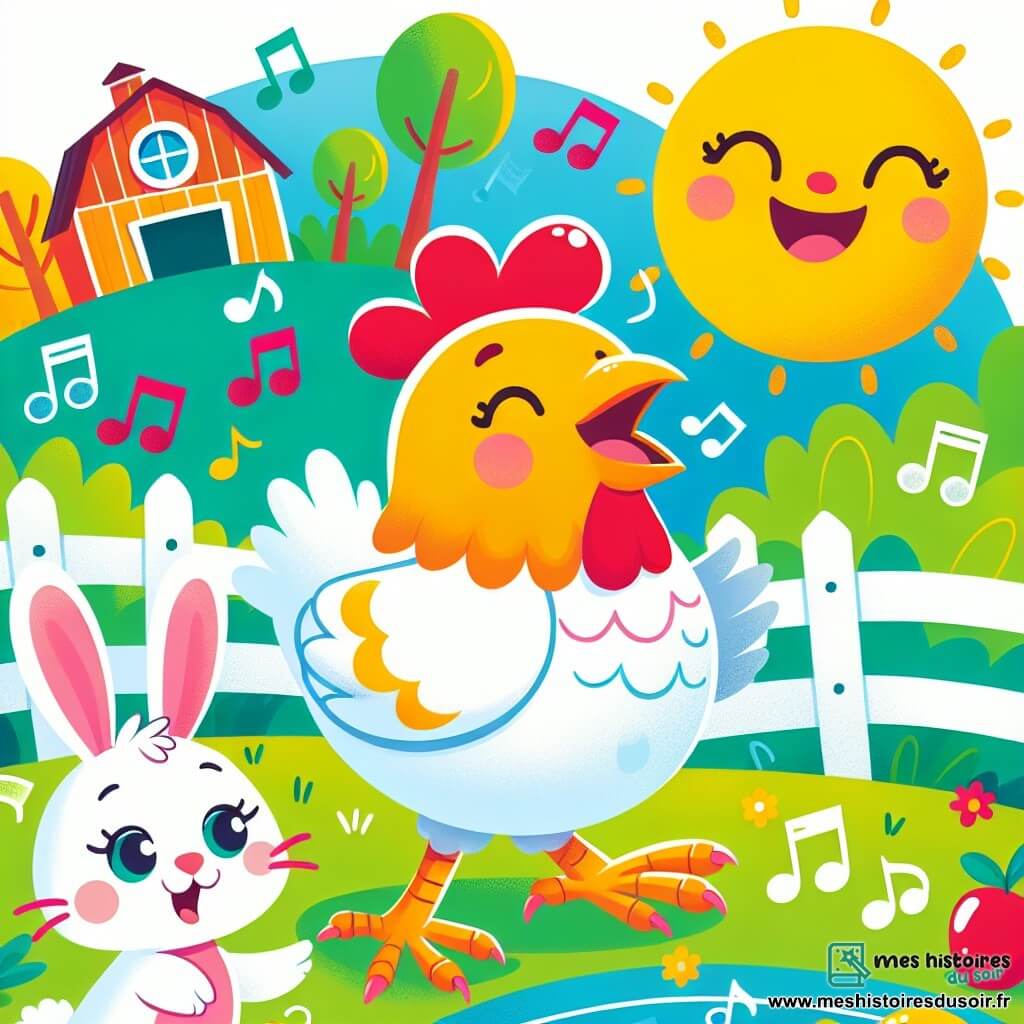 Une illustration destinée aux enfants représentant une poule joyeuse se promenant en chantant, accompagnée d'un lapin curieux, dans une ferme colorée baignée de soleil.