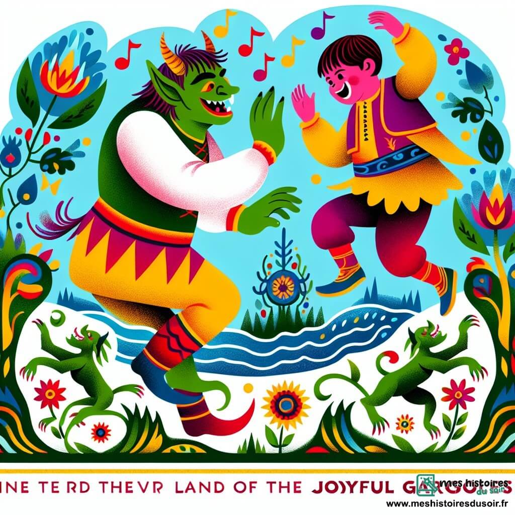 Une illustration destinée aux enfants représentant un ogre coloré en train de jouer à saute-mouton avec un petit garçon espiègle, entourés de fleurs dansantes et de rivières chantantes dans la Contrée des Gargouilles Joyeuses.