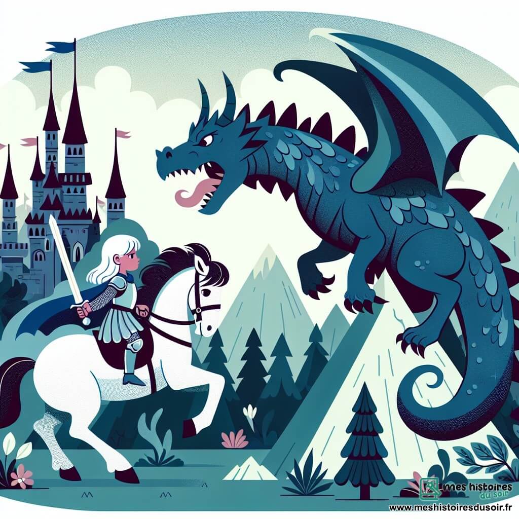 Une illustration destinée aux enfants représentant une jeune chevalière courageuse affrontant un dragon terrifiant au sommet d'une montagne escarpée, avec en soutien son fidèle destrier blanc, dans un royaume médiéval fantastique aux tours de château pointues et aux arbres enchantés murmurs.