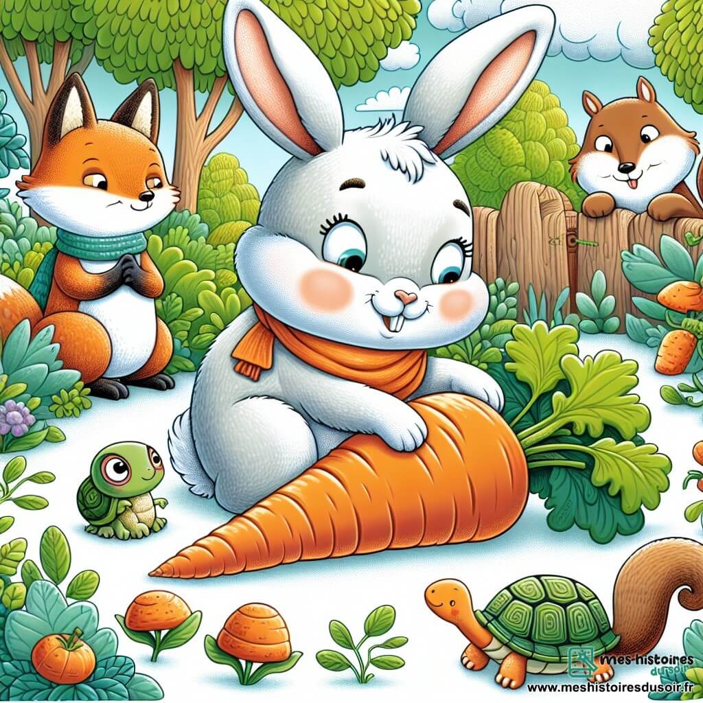 Une illustration destinée aux enfants représentant un adorable lapin malicieux découvrant une carotte géante dans un jardin enchanté de la forêt de Sapinou, accompagné de ses amis animaux : une renarde rusée, un écureuil espiègle et une tortue sage.
