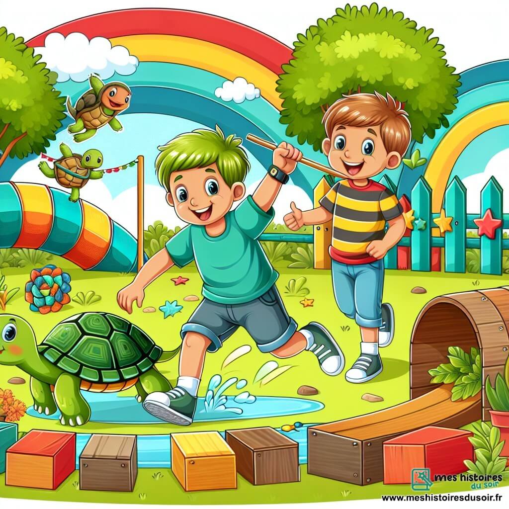 Une illustration destinée aux enfants représentant un garçon plein d'énergie et d'imagination, organisant une course de tortues insolite avec son ami passionné de reptiles, dans un parc coloré avec des obstacles amusants comme des petits tunnels en carton et des ponts en bois.