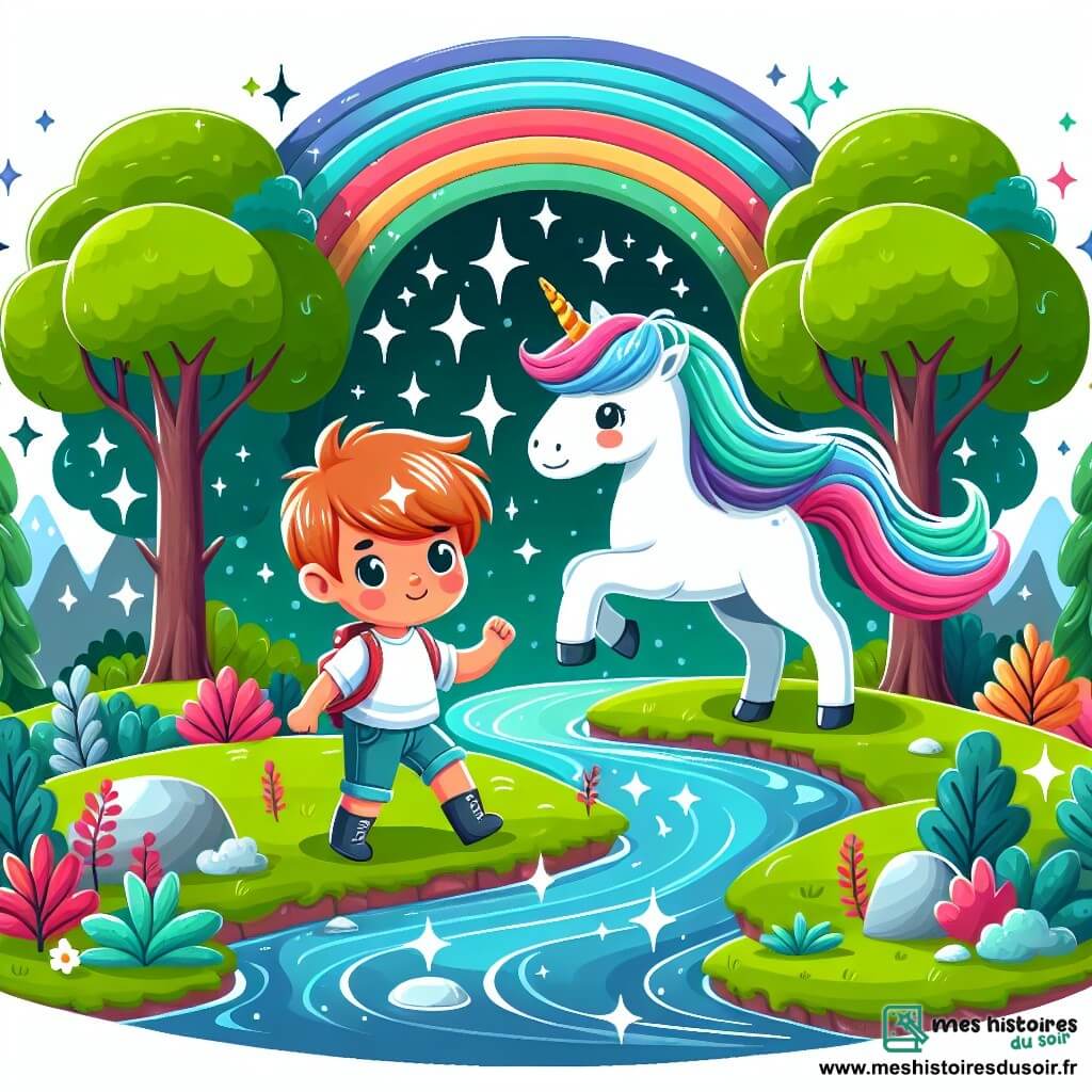 Une illustration destinée aux enfants représentant un petit garçon courageux se retrouvant dans un monde magique avec une licorne majestueuse comme guide, entourés d'arbres aux couleurs chatoyantes et de rivières scintillantes, au cœur d'une vallée verdoyante.