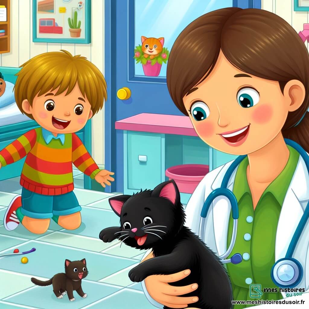 Une illustration destinée aux enfants représentant une médecin femme bienveillante prenant soin d'un chaton noir perdu, dans son cabinet médical coloré et chaleureux, avec un petit garçon joyeux en arrière-plan.