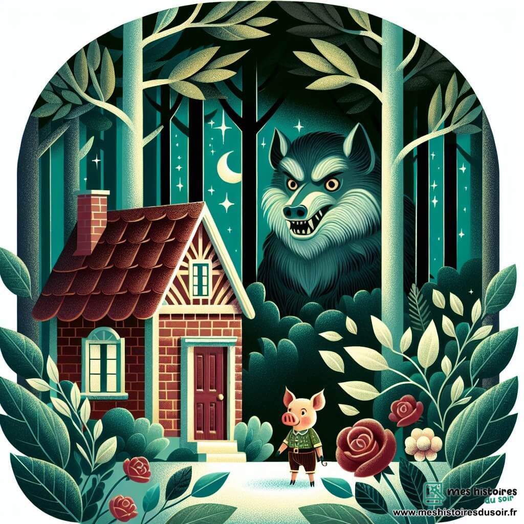 Une illustration destinée aux enfants représentant un jeune cochon courageux se tenant devant une maison de briques solide, avec en arrière-plan un grand méchant loup menaçant, dans une forêt dense et mystérieuse aux arbres majestueux et aux feuilles scintillantes.