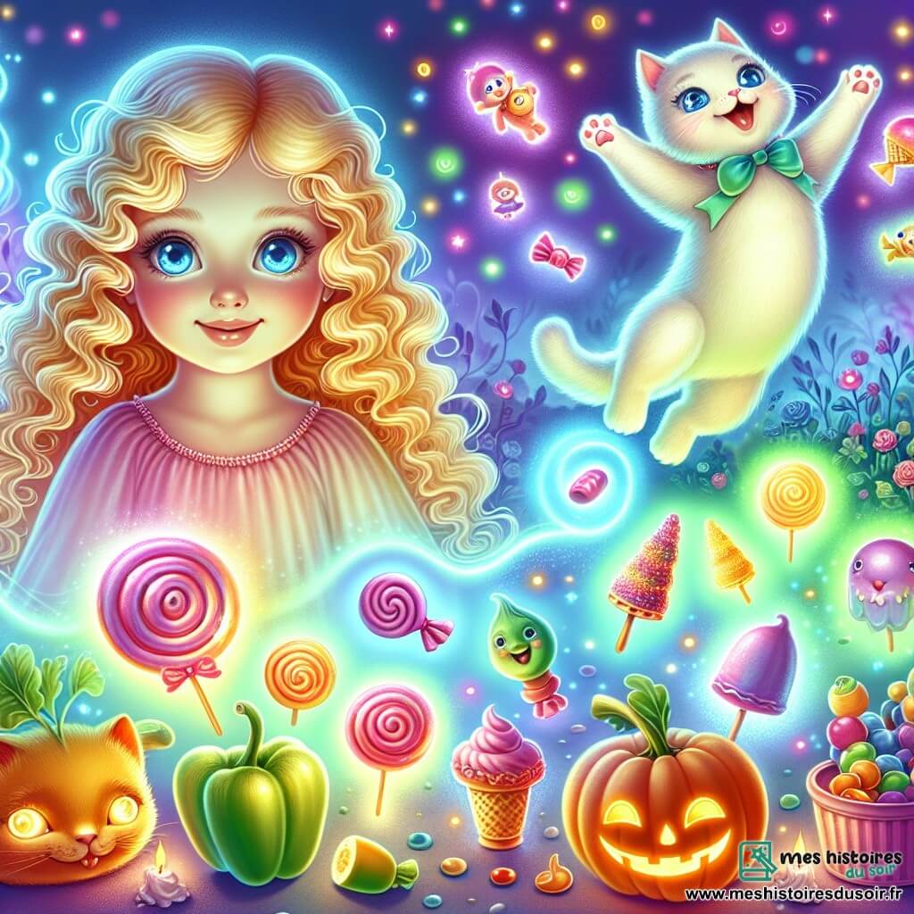 Une illustration destinée aux enfants représentant une fillette blonde aux boucles rebondissantes, un chat mystérieux aux yeux brillants, des bonbons multicolores tombant du ciel, des jouets animés dansant joyeusement, des légumes transformés en glaces délicieuses, dans un jardin enchanté baigné de lumière magique.