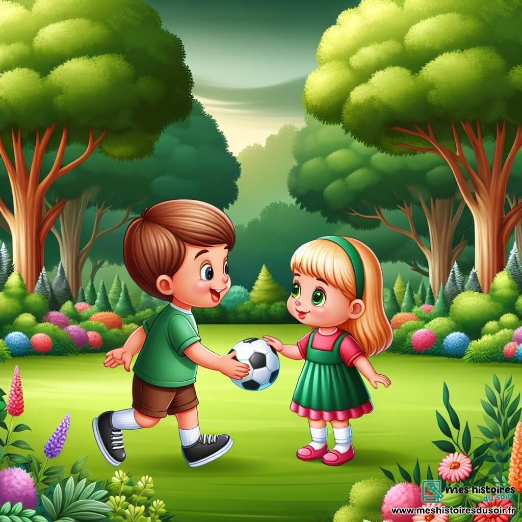 Une illustration destinée aux enfants représentant un petit garçon curieux et joueur, découvrant l'égalité des sexes en invitant une fille à jouer au football dans un parc verdoyant, avec des arbres majestueux et des fleurs colorées en arrière-plan.