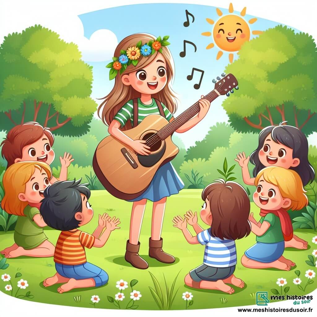 Une illustration destinée aux enfants représentant une jeune femme musicienne talentueuse enchantant un groupe d'enfants joyeux avec sa guitare dans une clairière verdoyante baignée de soleil.