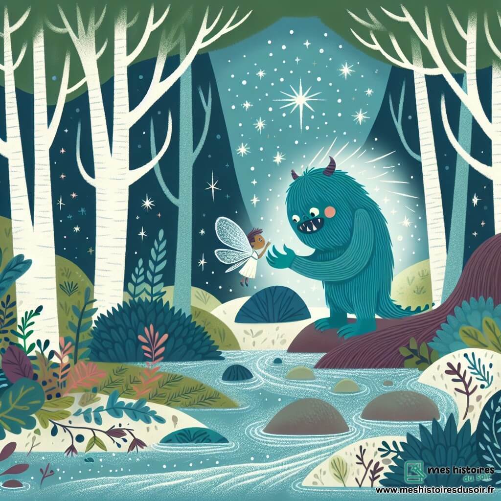 Une illustration destinée aux enfants représentant un monstre bienveillant rencontrant une petite fée blessée, dans une forêt mystique aux arbres murmureurs et aux rivières étincelantes.