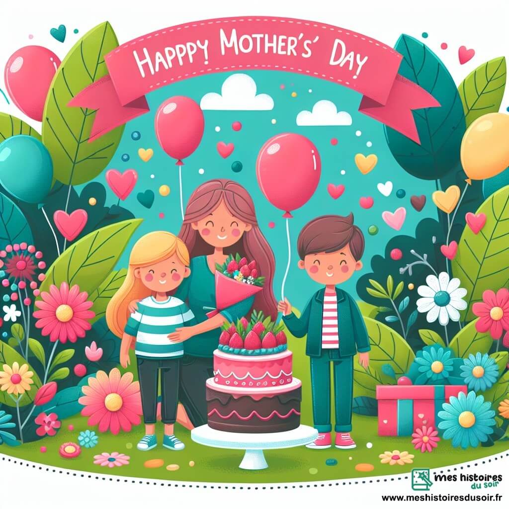 Une illustration destinée aux enfants représentant un petit garçon, sa maman et son papa, célébrant la fête des mères dans un jardin coloré rempli de ballons, de fleurs et d'un gâteau aux fraises.