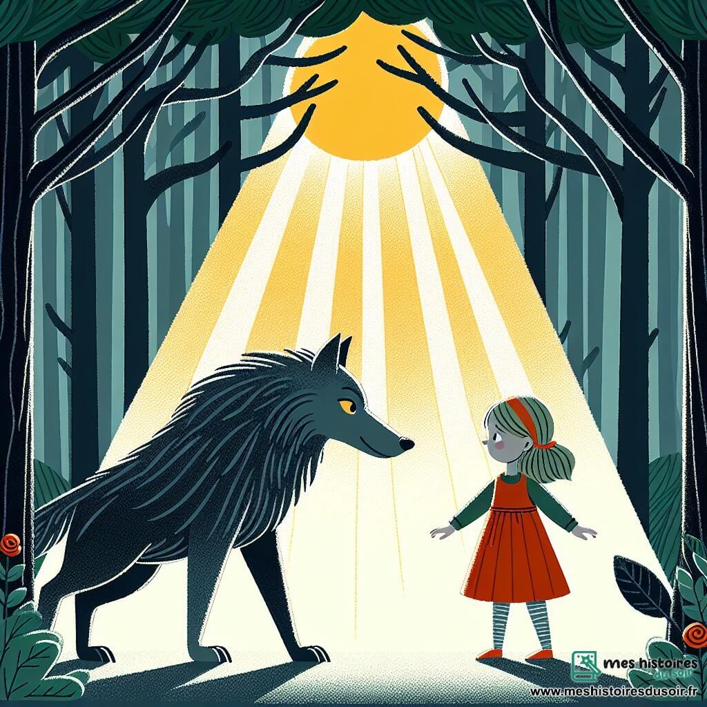 Une illustration destinée aux enfants représentant une fillette courageuse faisant face à un grand méchant loup dans une forêt sombre et mystérieuse, où les rayons du soleil filtrent à travers les branches touffues.