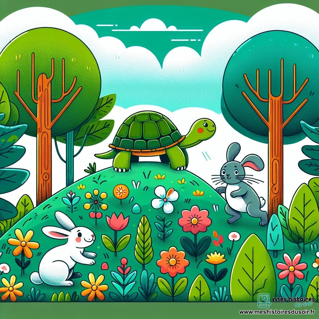 Une illustration destinée aux enfants représentant une tortue courageuse se trouvant au sommet d'une colline colorée, accompagnée d'un lapin bondissant et d'une souris timide, dans une forêt luxuriante remplie de fleurs et d'arbres majestueux.