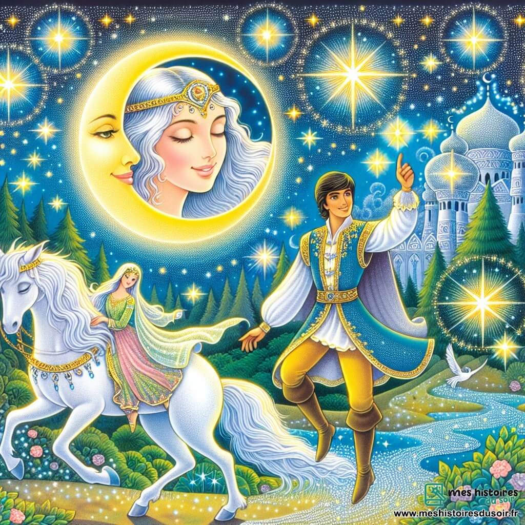 Une illustration destinée aux enfants représentant un prince au cœur pur en quête de l'étoile de l'amour, accompagné de la mystérieuse Lune, dans un royaume scintillant où les étoiles dansent dans le ciel comme des diamants étincelants.