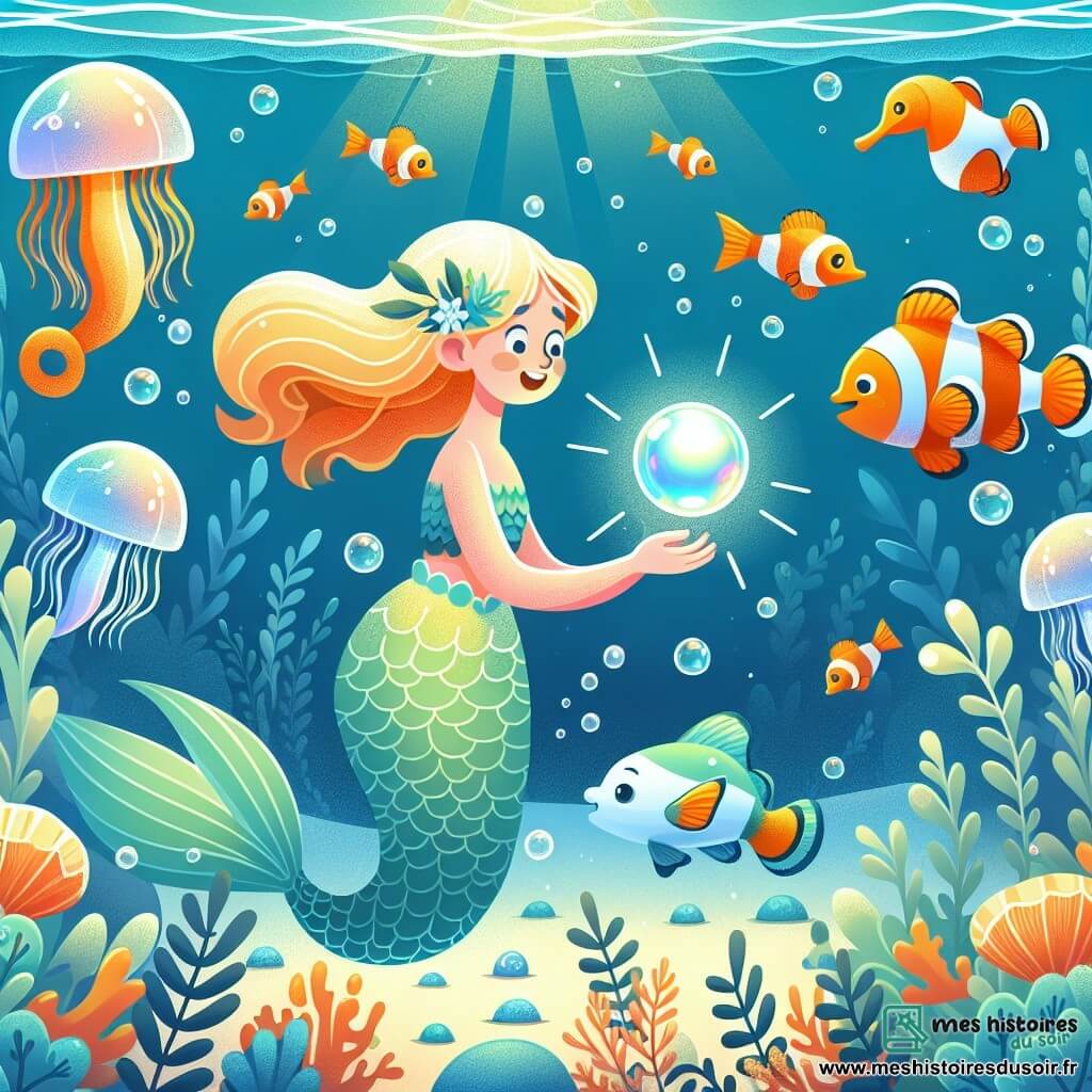 Une illustration destinée aux enfants représentant une sirène aux écailles scintillantes découvrant une perle lumineuse magique avec l'aide de son fidèle ami le poisson clown, dans un lagon aux eaux cristallines entouré d'hippocampes iridescentes et de méduses phosphorescentes.
