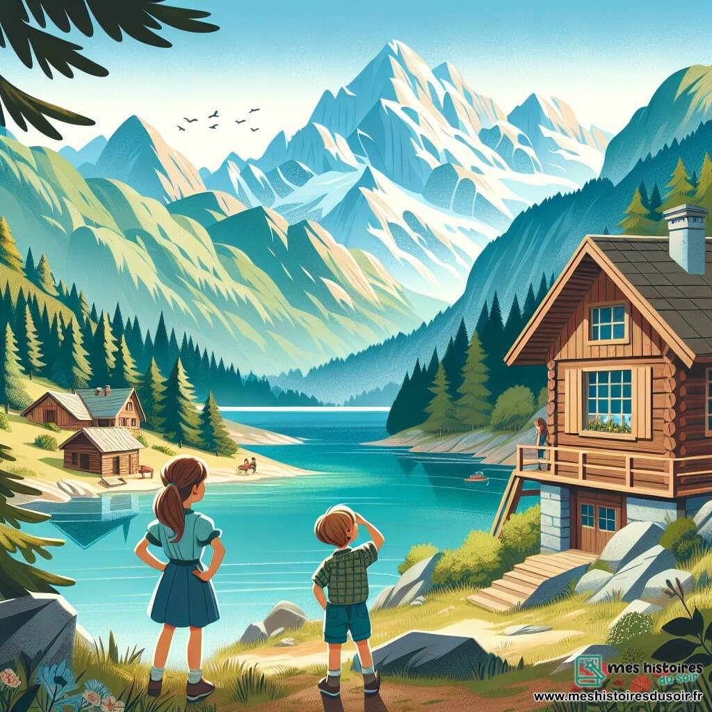 Une illustration destinée aux enfants représentant une fillette en vacances d'été, accompagnée de sa famille, découvrant un chalet en bois au bord d'un lac cristallin entouré de majestueuses montagnes.