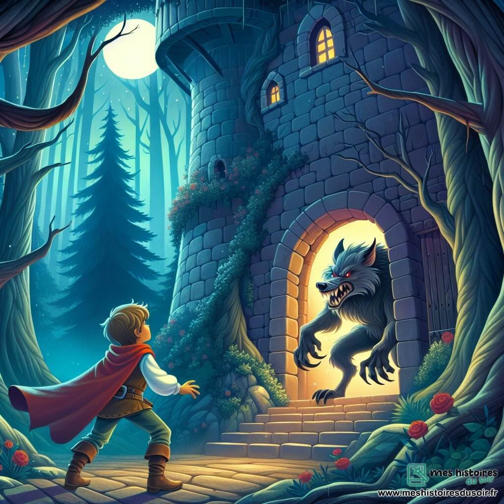 Une illustration destinée aux enfants représentant un petit garçon courageux affrontant un grand méchant loup dans une mystérieuse tour sombre au cœur de la forêt enchantée.