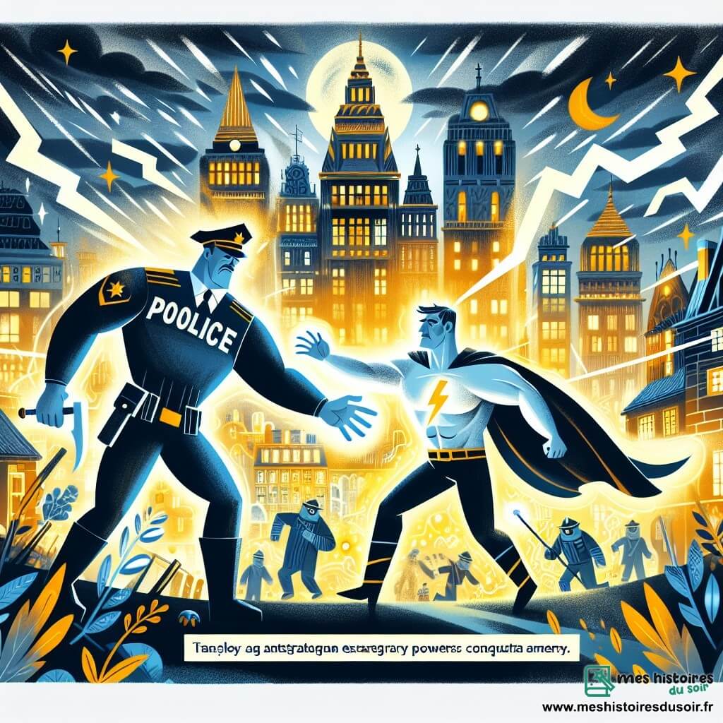 Une illustration destinée aux enfants représentant un homme aux pouvoirs extraordinaires affrontant un ennemi redoutable avec l'aide d'un policier intrépide, sur les toits scintillants de la ville de Lumina, où la lumière et les ténèbres se livrent un combat épique.