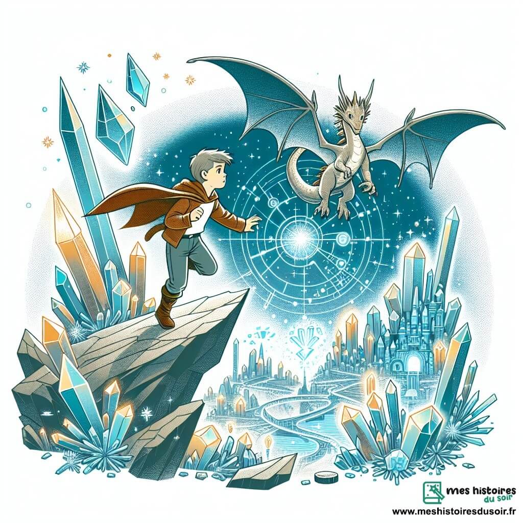 Une illustration destinée aux enfants représentant un jeune garçon courageux se lançant dans une quête magique avec l'aide d'un dragon volant, à travers un Royaume de Cristal étincelant fait de cristaux scintillants et de technologie magique.