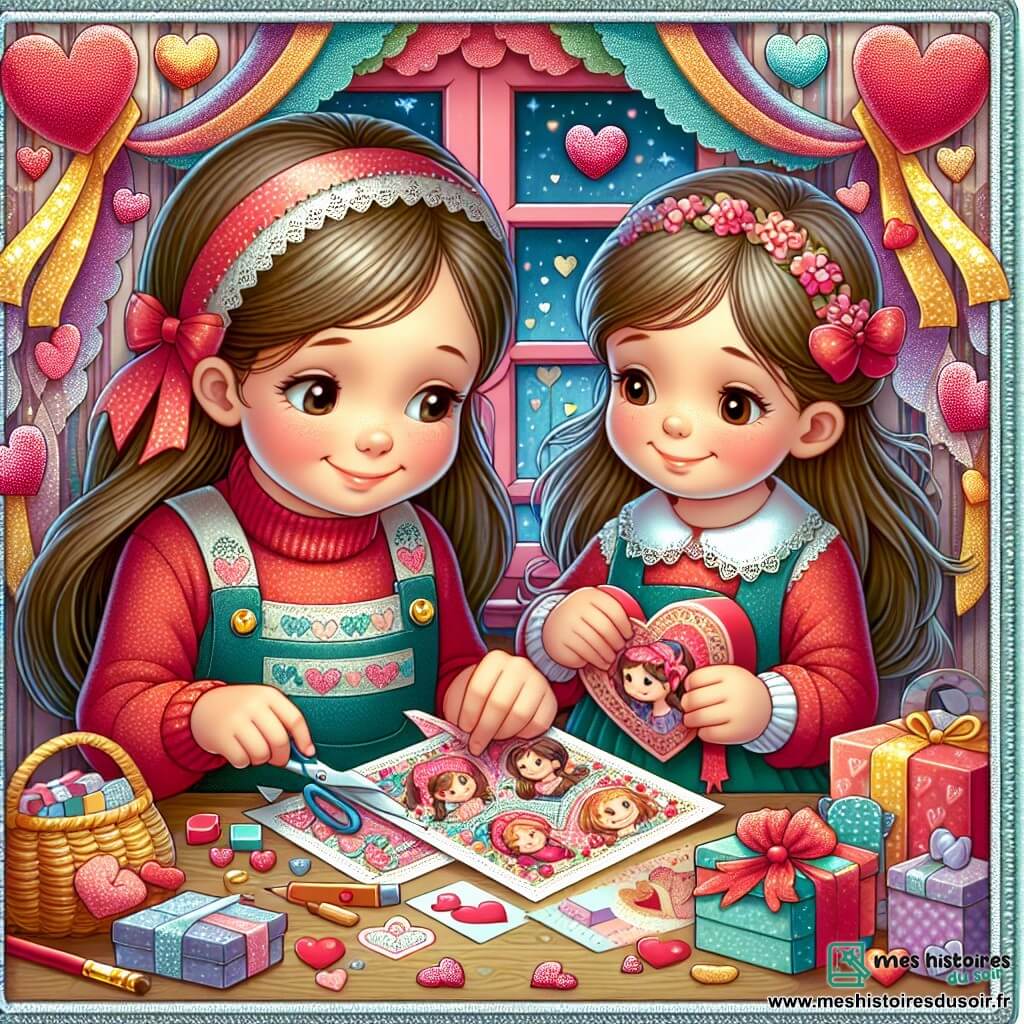 Une illustration destinée aux enfants représentant une fillette rayonnante préparant des cartes et des cadeaux pour la Saint-Valentin, accompagnée de sa petite sœur, dans une maison colorée aux murs décorés de cœurs et de rubans scintillants.