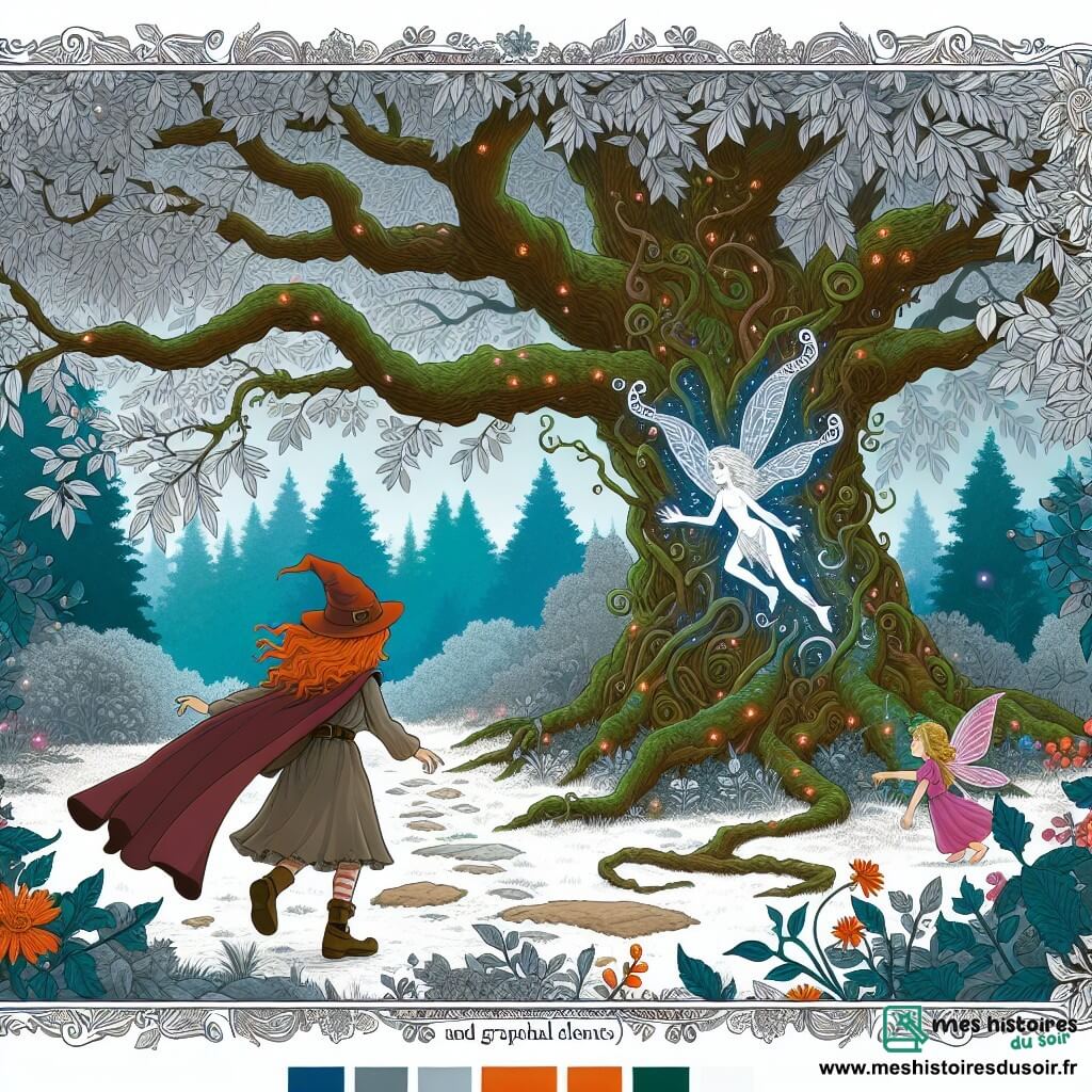 Une illustration destinée aux enfants représentant une apprentie sorcière courageuse accomplissant une quête périlleuse avec l'aide d'une Fée des Arbres, dans une clairière enchantée entourée d'un arbre majestueux aux feuilles argentées et aux branches tordues.