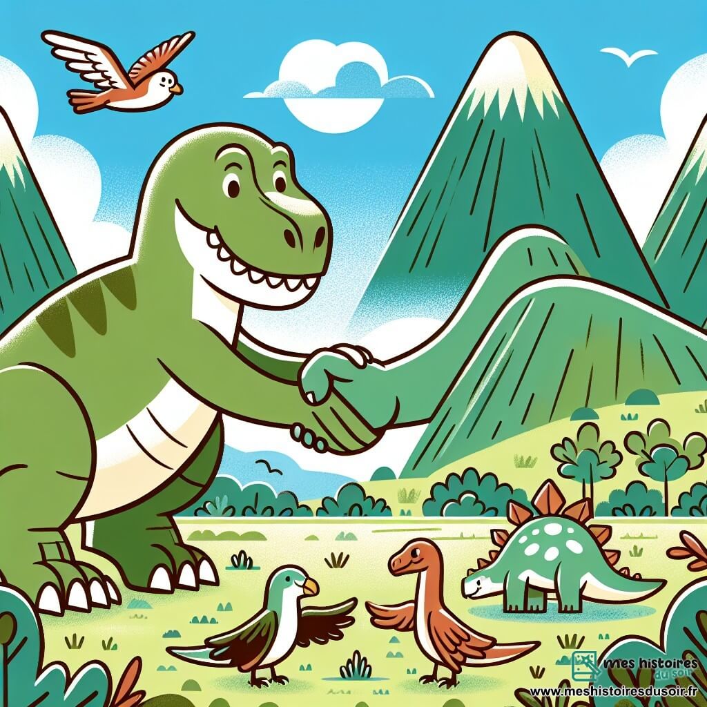 Une illustration destinée aux enfants représentant un imposant Tyrannosaure Rex au grand cœur résolvant un conflit entre dinosaures volants et herbivores, dans la luxuriante vallée de Pétauria où les montagnes verdoyantes se dressent majestueusement sous un ciel bleu azur.